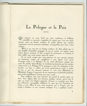«La Pologne et la Paix» – Plaquette de l'allocution prononcée par Paderewski le 18 mai 1932 au banquet donné en son honneur à l'Hôtel Astor, à New York, par la Chambre de commerce américano-polonaise, le «Civil Forum» et le Conseil des relations étrangère