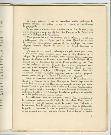 «La Pologne et la Paix» – Plaquette de l'allocution prononcée par Paderewski le 18 mai 1932 au banquet donné en son honneur à l'Hôtel Astor, à New York, par la Chambre de commerce américano-polonaise, le «Civil Forum» et le Conseil des relations étrangère