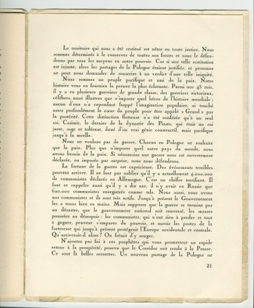 «La Pologne et la Paix» – Plaquette de l'allocution prononcée par Paderewski le 18 mai 1932 au banquet donné en son honneur à l'Hôtel Astor, à New York, par la Chambre de commerce américano-polonaise, le «Civil Forum» et le Conseil des relations étrangère
