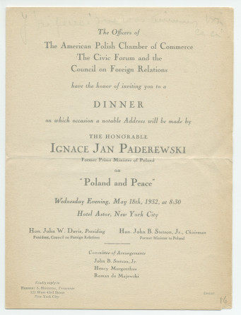 «La Pologne et la Paix» – Plaquette de l'allocution prononcée par Paderewski le 18 mai 1932 au banquet donné en son honneur à l'Hôtel Astor, à New York, par la Chambre de commerce américano-polonaise, le «Civil Forum» et le Conseil des relations étrangère
