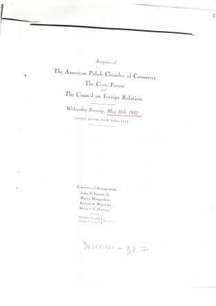 «La Pologne et la Paix» – Plaquette de l'allocution prononcée par Paderewski le 18 mai 1932 au banquet donné en son honneur à l'Hôtel Astor, à New York, par la Chambre de commerce américano-polonaise, le «Civil Forum» et le Conseil des relations étrangère