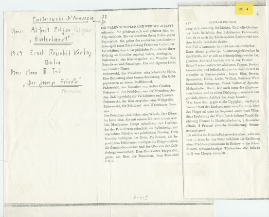 Extrait évoquant Paderewski (et d'Annunzio) dans le livre «Hinterland» [Arrière-pays] d'Alfred Polgar (Berlin, Ernst Rowohlt Verlag, 1929) – 3e partie: «Der junge Friede» [La jeune Friede]