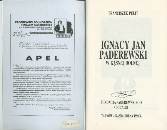 «Dom w ojczyznie – Ignacy Jan Paderewski w Kasnej Dolnej» [La maison dans sa patrie – IJP à Kasna Dolna] – Brochure de Franciszek Pulit éditée en 1990 par la Fondation Paderewski de Chicago