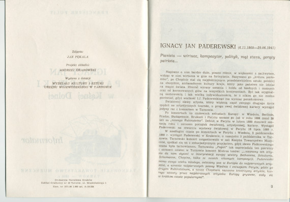 «Ignacy Jan Paderewski w Kasnej Dolnej» [IJP à Kasna Dolna] – Brochure de Franciszek Pulit éditée en 1986 (sans doute pour ses visiteurs) par la «Tarnowskie Towarzystwo Muzyczne» [Société de musique de Tarnów]