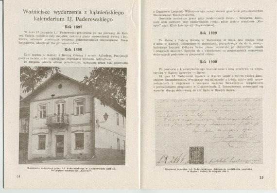 «Ignacy Jan Paderewski w Kasnej Dolnej» [IJP à Kasna Dolna] – Brochure de Franciszek Pulit éditée en 1986 (sans doute pour ses visiteurs) par la «Tarnowskie Towarzystwo Muzyczne» [Société de musique de Tarnów]