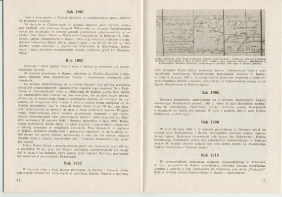 «Ignacy Jan Paderewski w Kasnej Dolnej» [IJP à Kasna Dolna] – Brochure de Franciszek Pulit éditée en 1986 (sans doute pour ses visiteurs) par la «Tarnowskie Towarzystwo Muzyczne» [Société de musique de Tarnów]