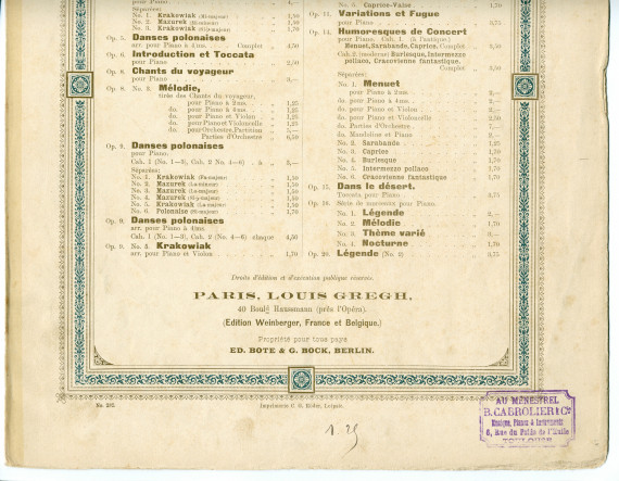 Partition du «Scherzino» tiré de l'«Album de mai, scènes romantiques pour piano» op. 10 n° 3 de Paderewski (Louis Gregh, Paris – avec en couverture une liste des «compositions de Paderewski» diffusées par cette maison)