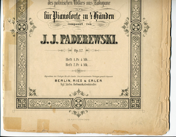Partition des cahiers I et II du «Tatra-Album, Tänze und Lieder des polnischen Volkes aus Zakopane für Pianoforte zu 4 Händen» op. 12 de Paderewski (Ries & Erler, Berlin)