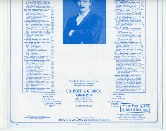 Partition du «Moment musical» tiré des «Miscellanea, série de morceaux pour piano» op. 16 n° 6 de Paderewski (Ed. Bote & G. Bock, Berlin / Schott & Co., Londres)