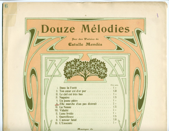 Partition de la mélodie n° 6 «Elle marche d'un pas distrait» tirée des «Douze mélodies sur des poésies de Catulle Mendès» pour voix et piano op. 22 n° 6 de Paderewski (Au Ménestrel / Heugel & Cie, Paris)