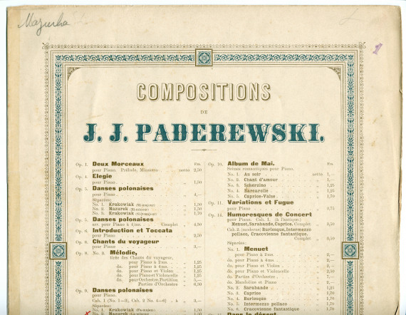 Partition de la «Mazurek» en la mineur tirée des «Danses polonaises» pour piano op. 9 n° 2 de Paderewski (Louis Gregh, Paris – avec en couverture une liste des «compositions de Paderewski» diffusées par cette maison)