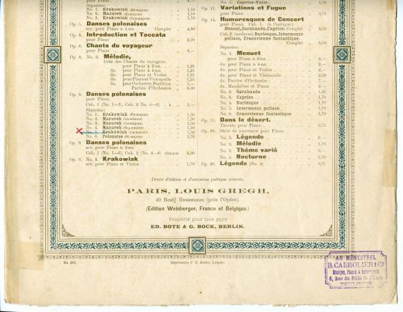 Partition de la «Krakowiak» en la majeur tirée des «Danses polonaises» pour piano op. 9 n° 5 de Paderewski (Louis Gregh, Paris – avec en couverture une liste des «compositions de Paderewski» diffusées par cette maison)