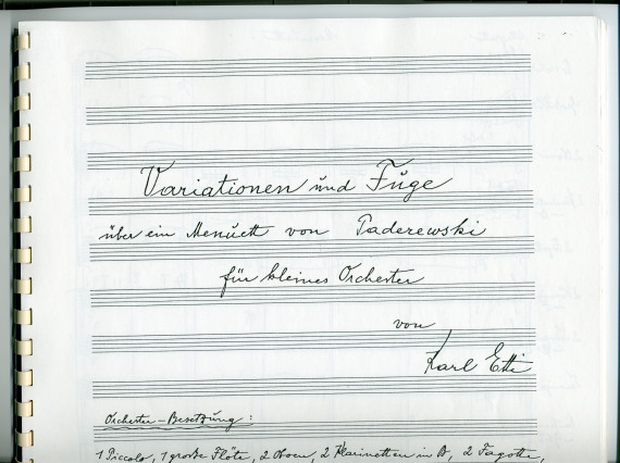Partition des «Variationen und Fuge über ein Menuett von Paderewski für kleines Orchester» de Karl Etti – d'après le «Menuet» tiré du cahier I (antique) des «Humoresques de concert» pour piano op. 14 n° 1 (Ed. Bote & G. Bock, Berlin)