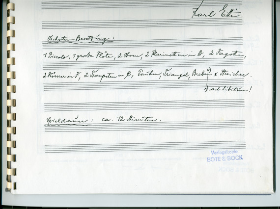 Partition des «Variationen und Fuge über ein Menuett von Paderewski für kleines Orchester» de Karl Etti – d'après le «Menuet» tiré du cahier I (antique) des «Humoresques de concert» pour piano op. 14 n° 1 (Ed. Bote & G. Bock, Berlin)