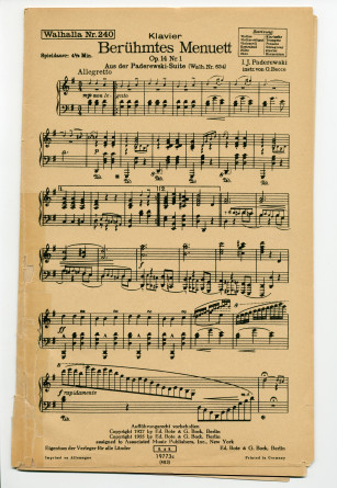 Partition de la transcription pour piano et orchestre par Giuseppe Becce du «Menuet» tiré du cahier I (antique) des «Humoresques de concert» pour piano op. 14 n° 1 de Paderewski (Ed. Bote & G. Bock, Berlin – Walhalla n° 240)