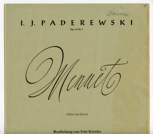 Partition de la transcription pour violon et piano par Fritz Kreisler du «Menuet» tiré du cahier I (antique) des «Humoresques de concert» pour piano op. 14 n° 1 de Paderewski (Ed. Bote & G. Bock, Berlin / Carl Fischer, New York)