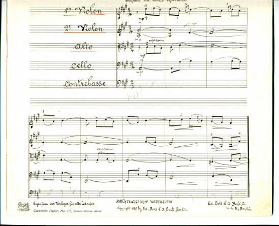 Partition de la transcription manuscrite pour orchestre à cordes par Alfred Pochon du «Thème varié» tiré des «Miscellanea, série de morceaux pour piano» op. 16 n° 3 de Paderewski (Ed. Bote & G. Bock, Berlin)