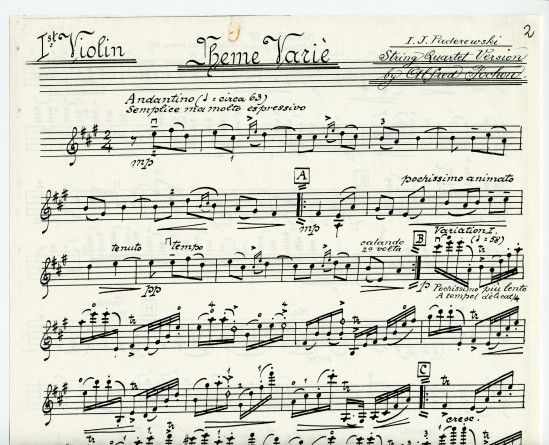 Partition de la transcription manuscrite (copie) pour quatuor à cordes par Alfred Pochon du «Thème varié» tiré des «Miscellanea, série de morceaux pour piano» op. 16 n° 3 de Paderewski
