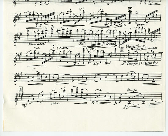 Partition de la transcription manuscrite (copie) pour quatuor à cordes par Alfred Pochon du «Thème varié» tiré des «Miscellanea, série de morceaux pour piano» op. 16 n° 3 de Paderewski