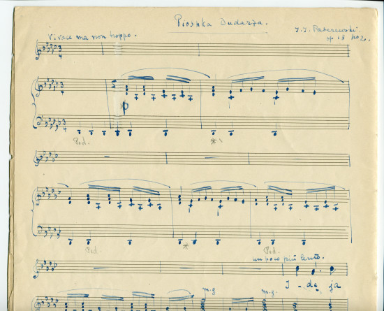 Partition manuscrite d'une version transposée par Lydia Barblan[-Opienska] de la mélodie n° 2 «Piosnka dudarza» tirées des «Six mélodies» pour voix et piano op. 18 de Paderewski sur des poèmes d'Adam Mickiewicz