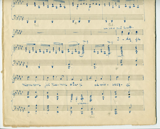 Partition manuscrite d'une version transposée par Lydia Barblan[-Opienska] de la mélodie n° 2 «Piosnka dudarza» tirées des «Six mélodies» pour voix et piano op. 18 de Paderewski sur des poèmes d'Adam Mickiewicz