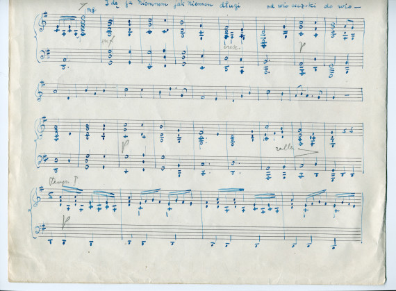Partition manuscrite d'une version transposée par Lydia Barblan[-Opienska] de la mélodie n° 2 «Piosnka dudarza» tirées des «Six mélodies» pour voix et piano op. 18 de Paderewski sur des poèmes d'Adam Mickiewicz