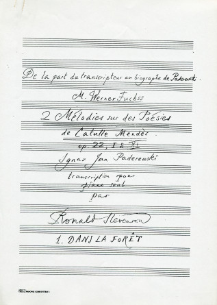 Partition manuscrite (photocopie) de la transcription pour piano par Ronald Stevenson de la mélodie n° 1 «Dans la forêt» tirée des «Douze mélodies sur des poésies de Catulle Mendès» pour voix et piano op. 22 n° 1 de Paderewski
