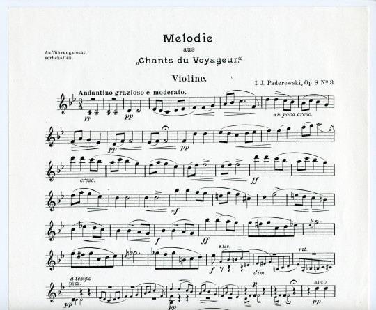 Partition de la transcription pour orchestre par l'auteur de la «Mélodie tirée des Chants du voyageur» pour piano op. 8 n° 3 de Paderewski (Ed. Bote & G. Bock, Berlin)