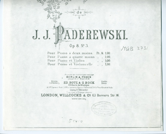 Partition de la transcription pour violon et piano par Emile Sauret de la «Mélodie tirée des Chants du voyageur» pour piano op. 8 n° 3 de Paderewski (Ed. Bote & G. Bock, Berlin)