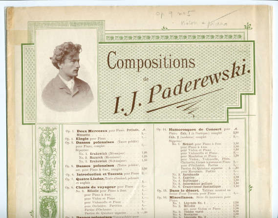 Partition de la transcription pour violon et piano par l'auteur de la «Krakowiak» en la majeur tirée des «Danses polonaises» pour piano op. 9 n° 5 de Paderewski (Ed. Bote & G. Bock, Berlin)