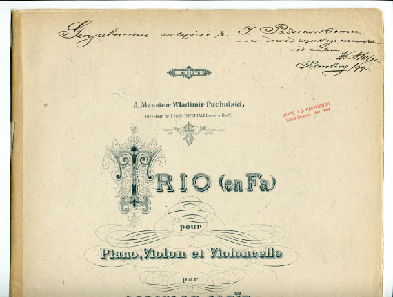 Partition du Trio en fa majeur pour piano, violon et violoncelle op. 40 de Ladislas Aloïz (ou Vladislav Frantskovich Aloiz) (1860-1917) – «À Monsieur Wladimir Puchalski, directeur de l'école impériale russe à Kieff» (P. Jurgenson, Moscou – 3 parties séparé