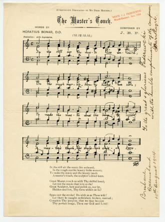 Partition de «The Master's Touch» de J. Barr Phayre, sur un texte de Horatius Bonar – «Composition dedicated to my dear mother» – dédicace manuscrite «To the great glorious Paderewski, with the composer's humble compliments, Brisbane, Queensland, 10th Augu