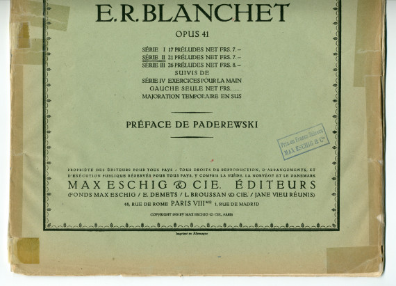 Partition des «64 Préludes, Etude contrapuntique de technique transcendante pour piano» op. 41 d'Emile-Robert Blanchet (1877-1943) – préface de Paderewski (Max Eschig, Paris, 1926)