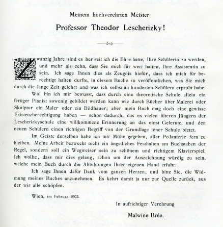 Partition de «Die Grundlage der Methode Leschetizky, mit Autorisation des Meisters herausgegeben von seiner Assistentin Malwin Brée, mit 47 Abbildungen der Hand Leschetitzkys» (B. Schott's Söhne, Mainz, 1902)
