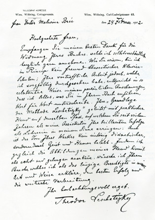 Partition de «Die Grundlage der Methode Leschetizky, mit Autorisation des Meisters herausgegeben von seiner Assistentin Malwin Brée, mit 47 Abbildungen der Hand Leschetitzkys» (B. Schott's Söhne, Mainz, 1902)
