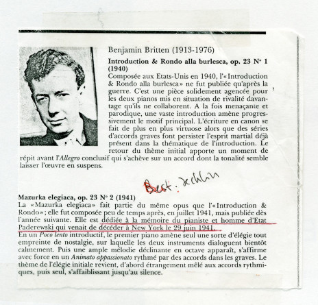 Partition de la «Mazurka Elegiaca, Two Pianos – Four Hands» op. 23 n° 2 de Benjamin Britten (1913-1976) – «in memoriam I. J. Paderewski» (Boosey & Hawkes, USA, 1942)