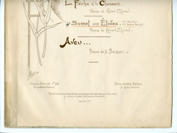 Partition de la deuxième des «Trois Mélodies» de Paul Bruneau, «Sonnet aux Etoiles», sur un poème de Robert Myriel – «À Madame Louise Planès» (André, Editeur, Paris) – dédicace manuscrite à Paderewski: «Hommage respectueux»