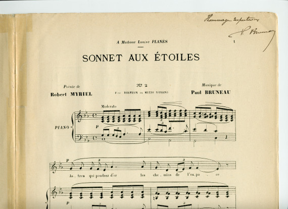 Partition de la deuxième des «Trois Mélodies» de Paul Bruneau, «Sonnet aux Etoiles», sur un poème de Robert Myriel – «À Madame Louise Planès» (André, Editeur, Paris) – dédicace manuscrite à Paderewski: «Hommage respectueux»
