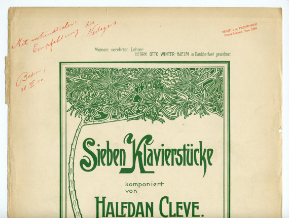 Partition des «Sieben Klavierstücke» op. 1 de Halfdan Cleve (1879-1951) – «Meinem verehrten Lehrer Herrn Otto Winter-Hjelm in Dankbarkeit gewidmet» (Albert Stahl, Berlin, 1900 [?])