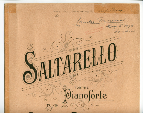 Partition de «Saltarello for the Pianoforte» de Charles Davieson (Forsyth Brothers, Londres, 1898) – dédicace manuscrite à Paderewski: «Avec les hommages respectueux de Charles Davieson, May 5 1898, London»
