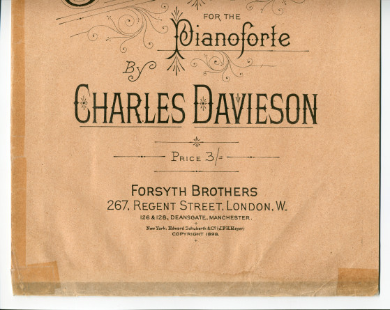 Partition de «Saltarello for the Pianoforte» de Charles Davieson (Forsyth Brothers, Londres, 1898) – dédicace manuscrite à Paderewski: «Avec les hommages respectueux de Charles Davieson, May 5 1898, London»