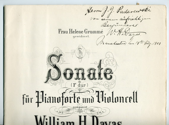 Partition de la «Sonate F-Dur für Pianoforte und Violoncell» op. 12 de William Humphreys Dayas (1864-1903) – «Frau Helene Grommé gewidmet» (Fr. Kistner, Leipzig, 1901)