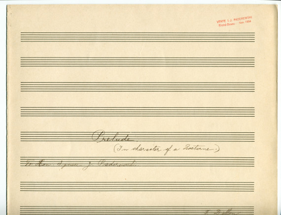 Partition manuscrite du «Prelude (in character of a Nocturne)» pour piano de F. Dillon – dédié «To Hon. Ignace J. Paderewski»