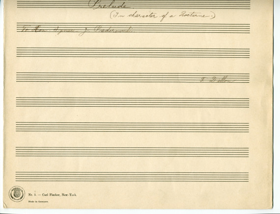 Partition manuscrite du «Prelude (in character of a Nocturne)» pour piano de F. Dillon – dédié «To Hon. Ignace J. Paderewski»