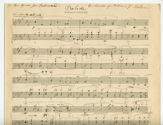 Partition manuscrite du «Prelude (in character of a Nocturne)» pour piano de F. Dillon – dédié «To Hon. Ignace J. Paderewski»