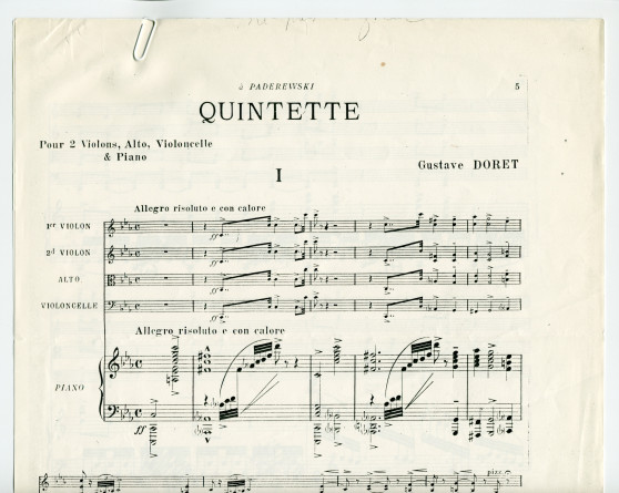 Partition du «Quintette pour 2 violons, alto, violoncelle & piano» de Gustave Doret (1866-1943) – «à Paderewski» (Editions Henn, Genève, 1926) – photocopies uniquement des pages 5 (début) et 63 (fin)