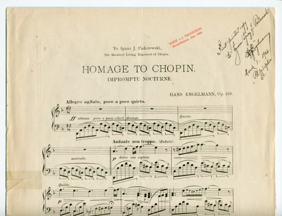 Partition de l'«Homage to Chopin, Impromptu Nocturne» op. 410 de Hans Engelmann (1872-1914) – «To Ignaz J. Paderewski, The Greatest Living Exponent of Chopin» (Hans Engelmann, Philadelphie, 1902)
