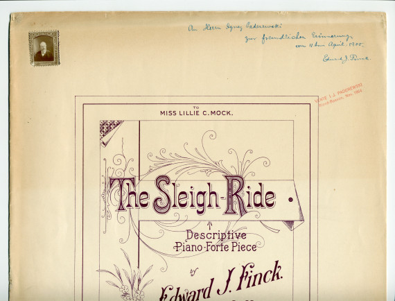 Partition de «The Sleigh-Ride, Descriptive Piano-Forte Piece» op. 68 d'Edward J. Finck – «To Miss Lillie C. Mock» (Edward Schuberth & Co., New York, 1899) – dédicace manuscrite «An Herrn Ignaz Paderewski, zur freundlichen Erinnerung vom 11. April 1900»