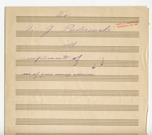 Partition manuscrite pour piano (2 pages / 3 systèmes) de C. Grunewald – «To I. J. Paderewski, with compliments of one of your many admirers»
