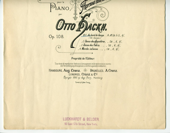 Partition de «Au bord du Gange», premier des quatre «Morceaux caractéristiques pour la piano – Aux Indes» op. 108 d'Otto Christoph Hackh (1852-1917) (Aug. Cranz, Hambourg, 1895) – dédicace manuscrite à Paderewski: «Hommage de l'auteur, New York, 30 octobre